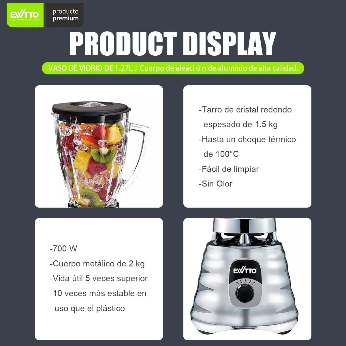 Licuadora Profesional 700W de Vidrio, 6 Cuchillas, Ewtto EW-Y322