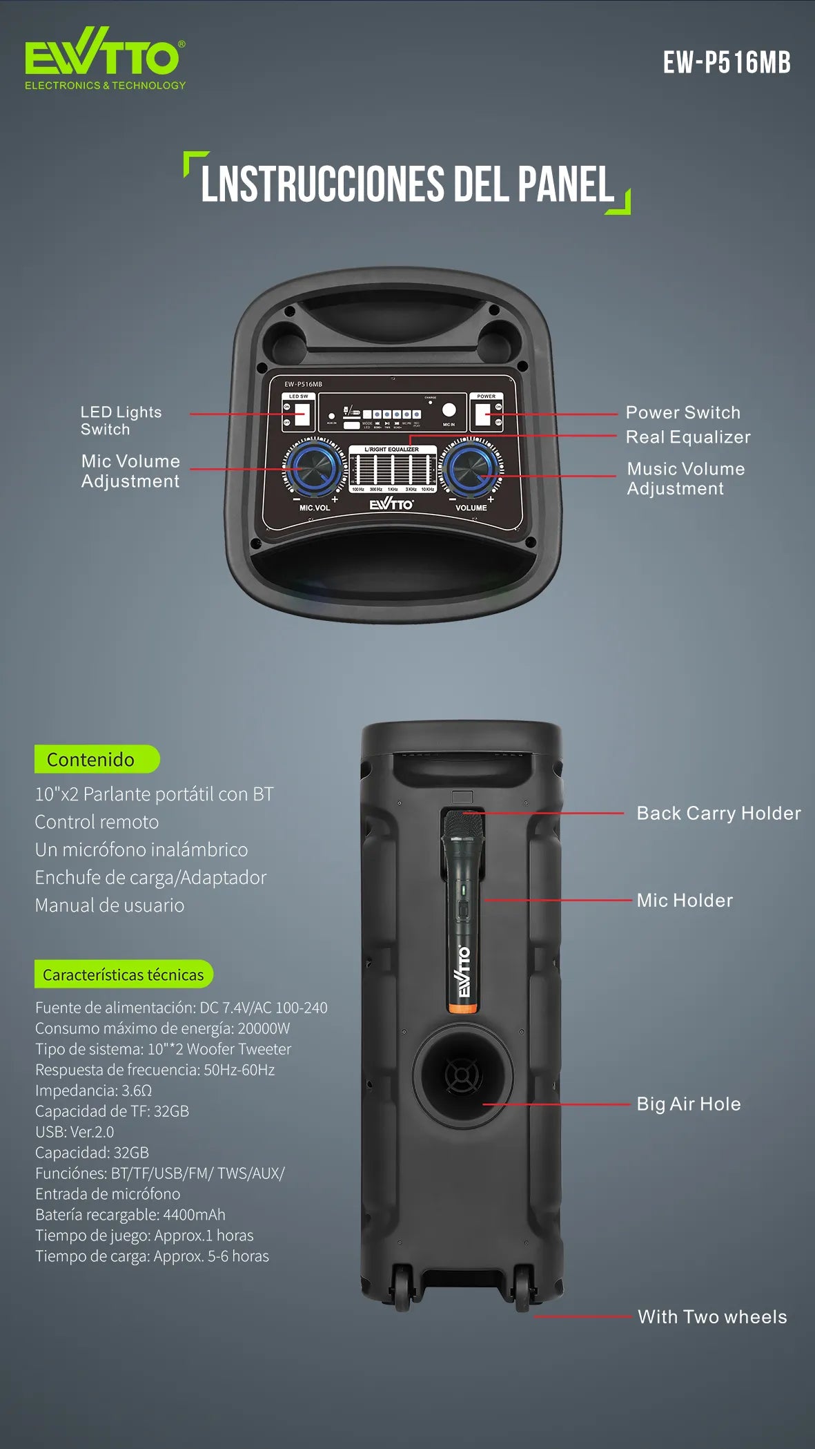 Torre de Sonido Ewtto EW-P516MB con Woofer Doble 10” y Luces RGB