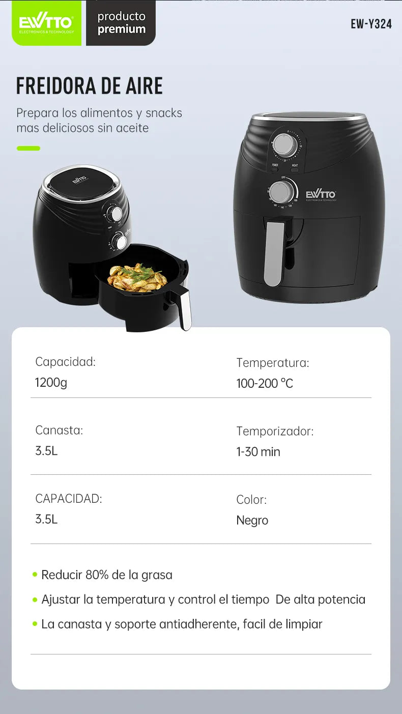 Freidora de Aire Ewtto EW-Y324 – 3.5 L / 1.2 kg – Cocina saludable sin aceite