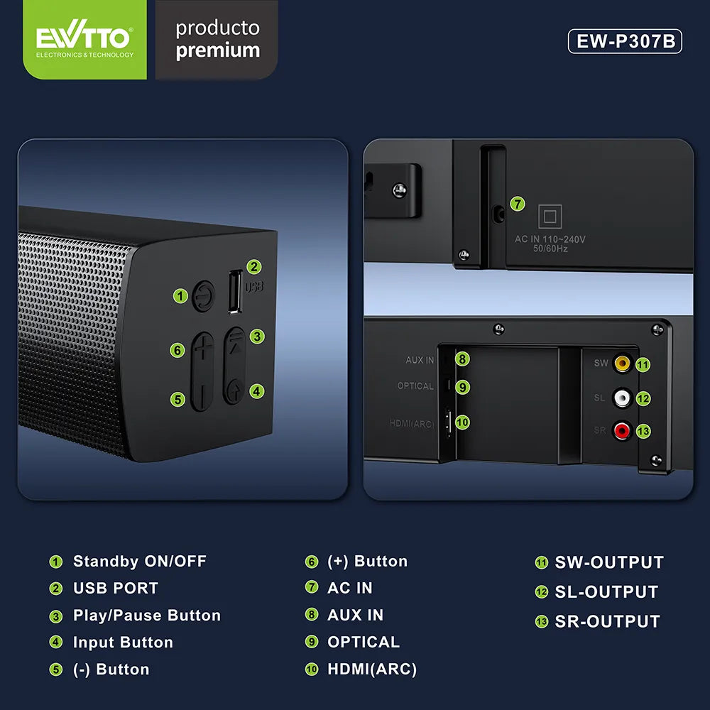 Barra de Sonido con Woofer Ewtto P307