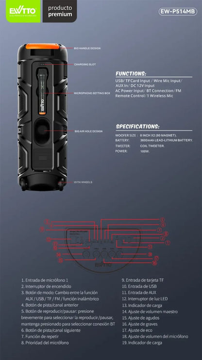 Torre de Sonido P514 Potente Sistema de Audio con Bluetooth + Micrófono