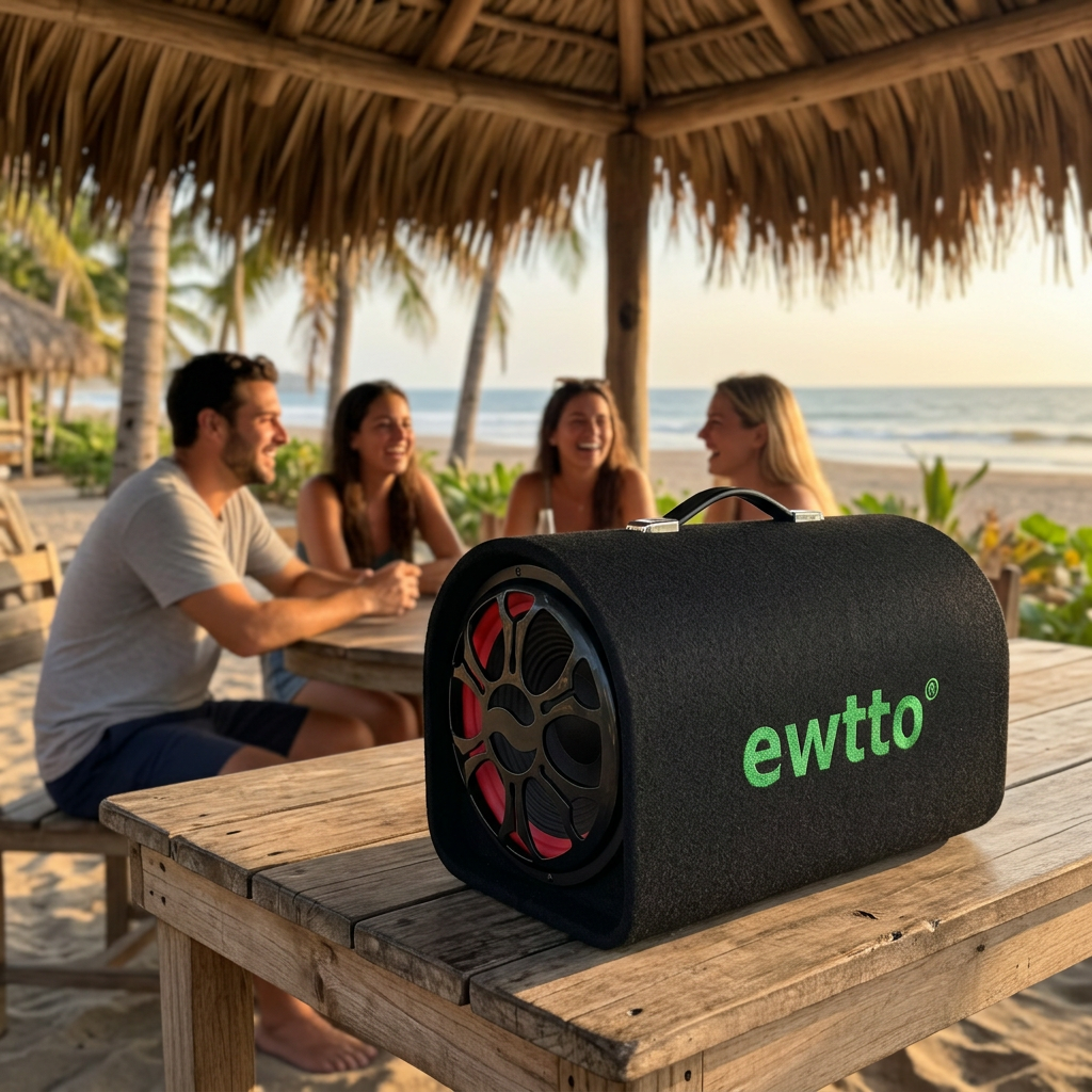 Bocina EWTTO en primer plano en una reunión de amigos en la playa