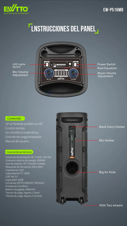 Torre de Sonido Ewtto EW-P516MB con Woofer Doble 10” y Luces RGB
