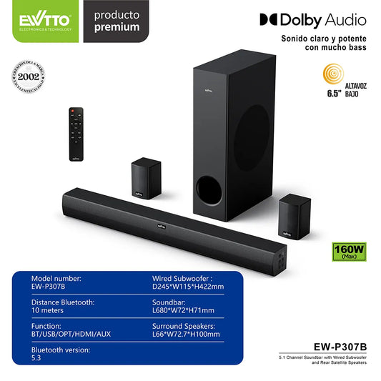 Barra de Sonido con Woofer Ewtto P307