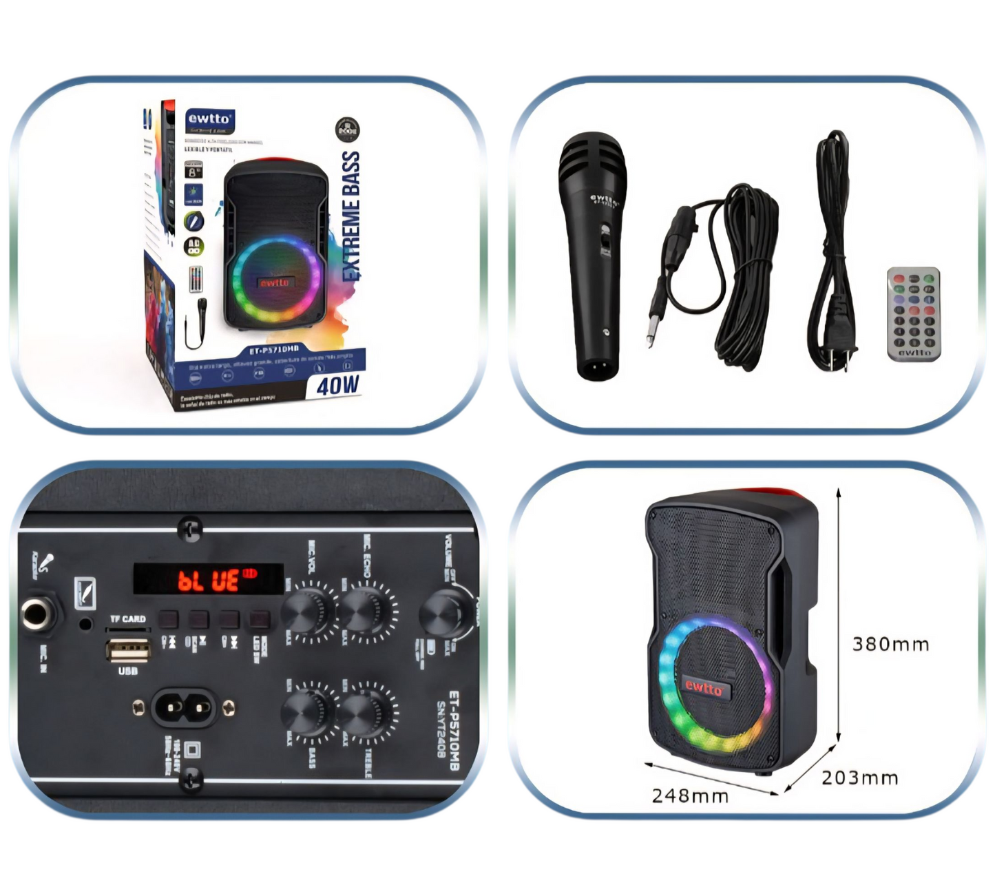 Bocina Recargable 8" con Micrófono y Luces RGB Ewtto P5710